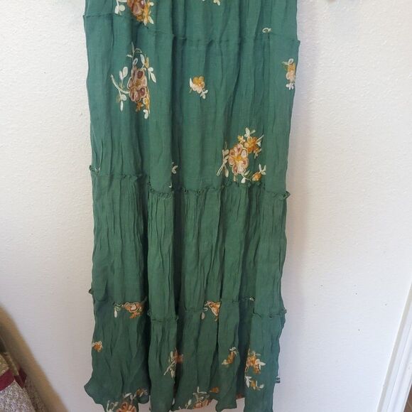 Boho Fig & Flower Embroidered Texture Peasant Dress Medium Green Anthropologie - Picture 8 of 16